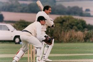 Chris de Mellow keeps wicket to Derek Randall in the All England fixture in 1994