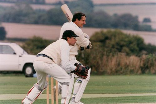 Chris de Mellow keeps wicket to Derek Randall in the All England fixture in 1994